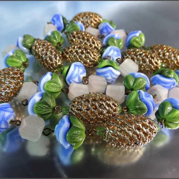 1950s Signed Hattie Carnegie Necklace New Gablonz Glass Flowers 16994 - Picture 7 of 8